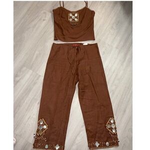 Derhy Linen Blend 2 Piece Set Beaded Shell Crop Top S Pants M Brown Wide Leg